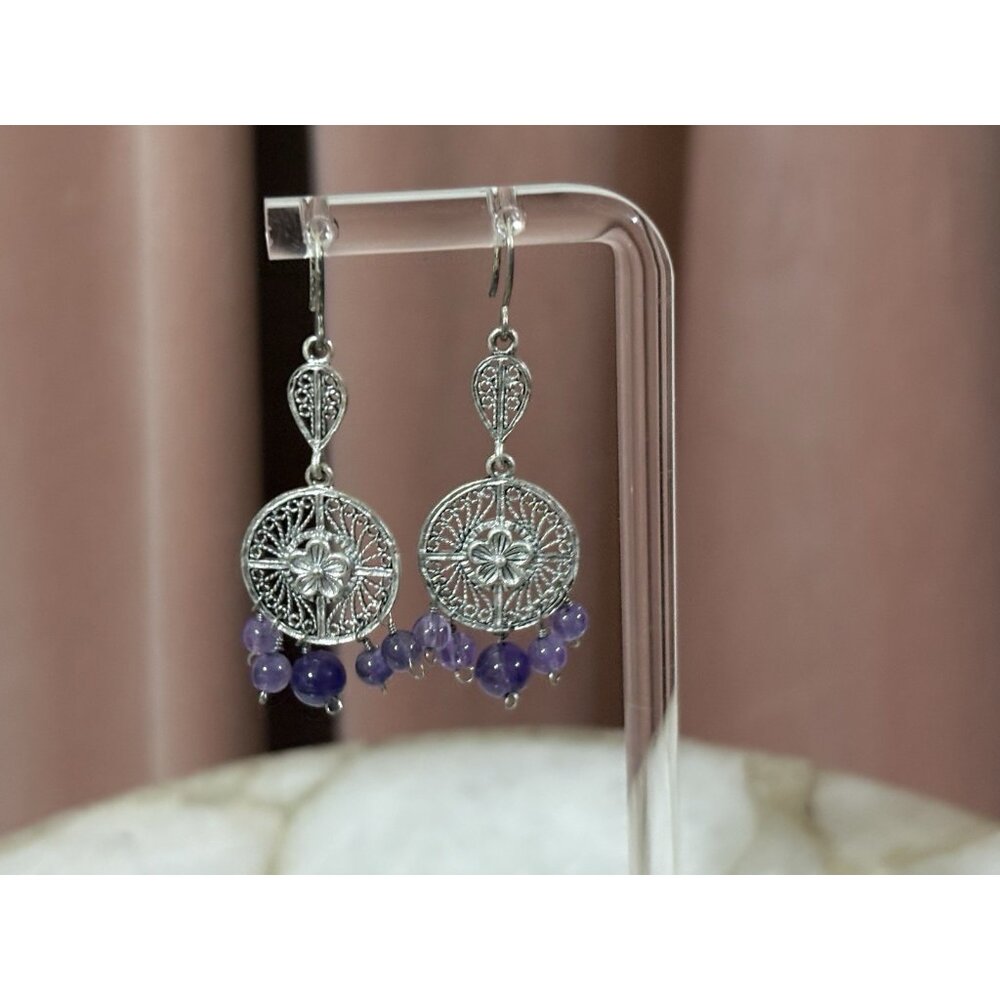 Silver Tone Filigree Dangle Earrings Purple Bead Boho Vintage Style